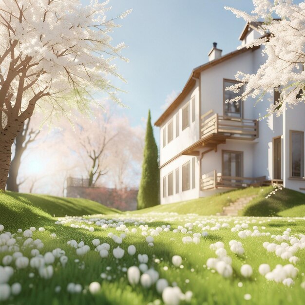 A house in the spring with cherry blossoms