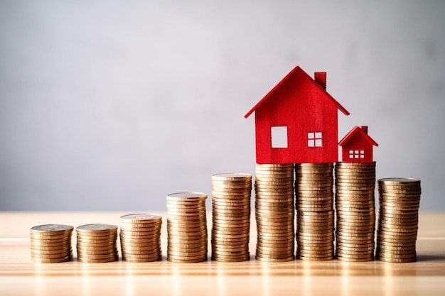 a house and stacks of coins on a table