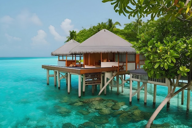 A house on stilts in the middle of the ocean.