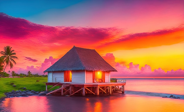 A house on stilts in the water at sunset