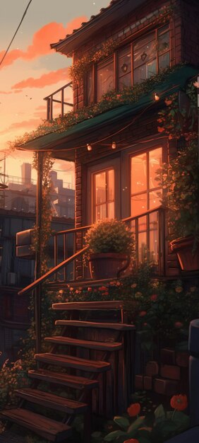 Дом на улице на фоне заката