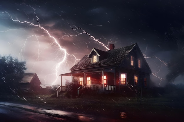 A house struck by lightning displaying nature's stunning power Generative AI