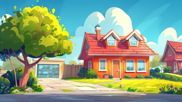 Photo house in the suburbs with a garage caricature illustration of the facade of a village mansion a peaceful summer countryside scene with private buildings and trees