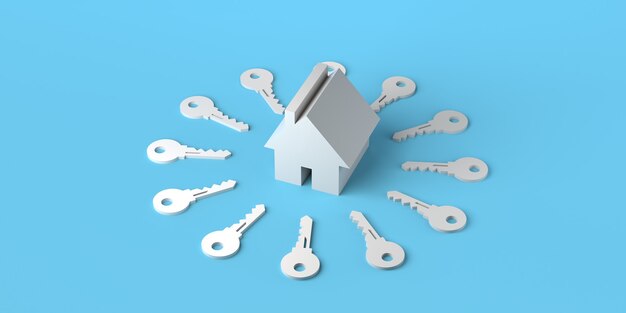 House surrounded by keys on pastel blue background Real estate market 3d illustration Banner