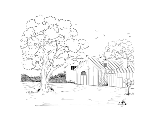 House surrounded by trees Hand-drawn illustration sketch isolated on white background.