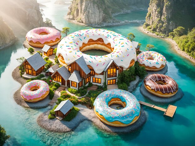 a house and surrounding buildings uniquely shaped like donuts