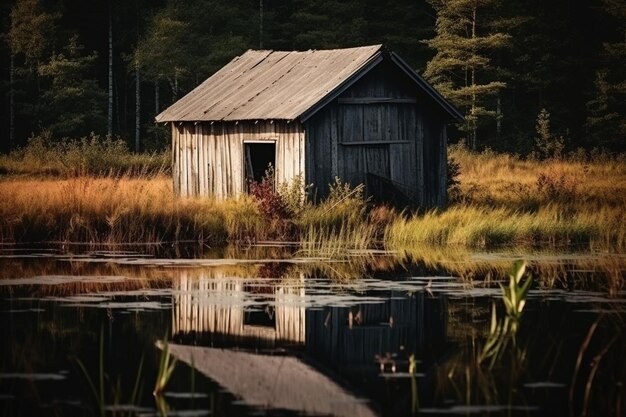 Photo house on swamp hut near pond landscape