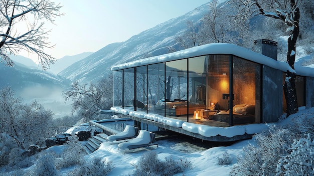 Бассейн в доме и весь снег покрыт пейзажем Горизонтальный снегопад Генеративный AI