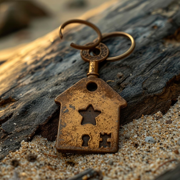 Символ Дома Ключ лежит на песке 3D иллюстрация