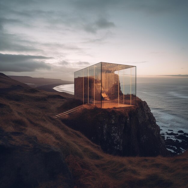 A house that has a glass box on the top of it