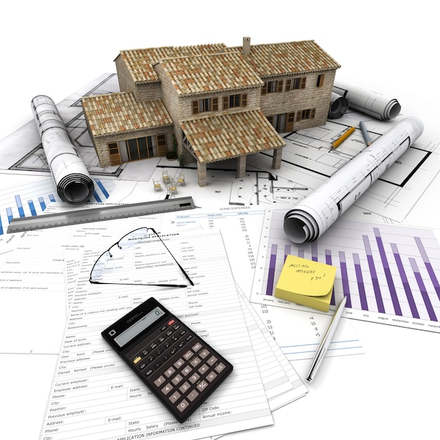 A house on top of a table with mortgage application form, calculator, blueprints, etc..