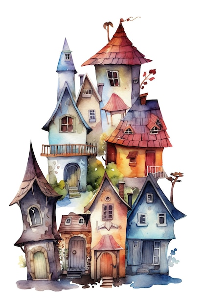 House tower city watercolor clipart isolated on white background with Generative AI