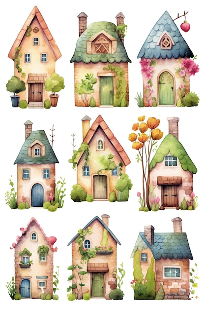 House tower city watercolor clipart isolated on white background with Generative AI