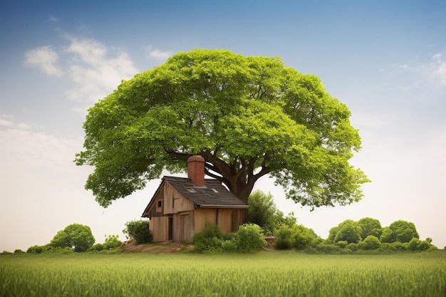 A house under a tree with a blue sky in the background