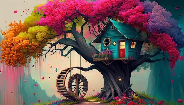 A house on a tree with a wheel and a house on it