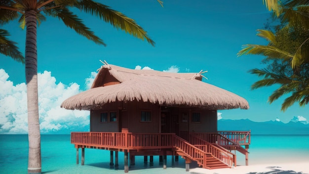 A house on a tropical beach with a thatched roof