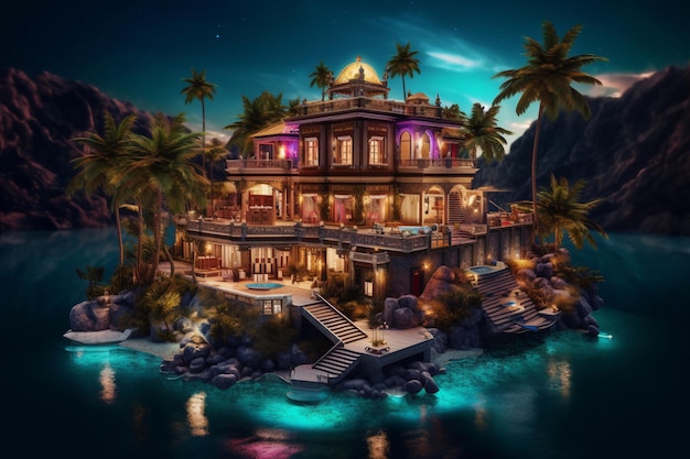 A house on a tropical island with a moonlit sky