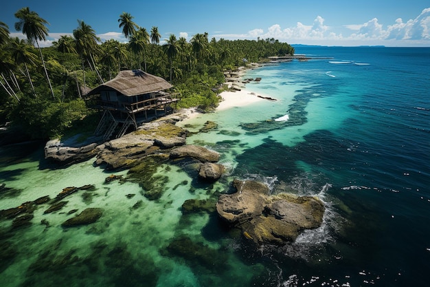 A house on a tropical island with a tropical beach in the background