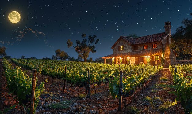 a house in the vineyard at night with a starry sky