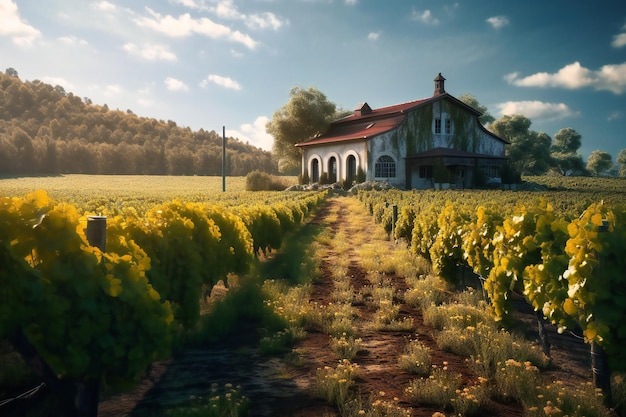 A house in a vineyard with a red roof