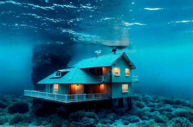 House under water Residential building at bottom of ocean sea Generative AI