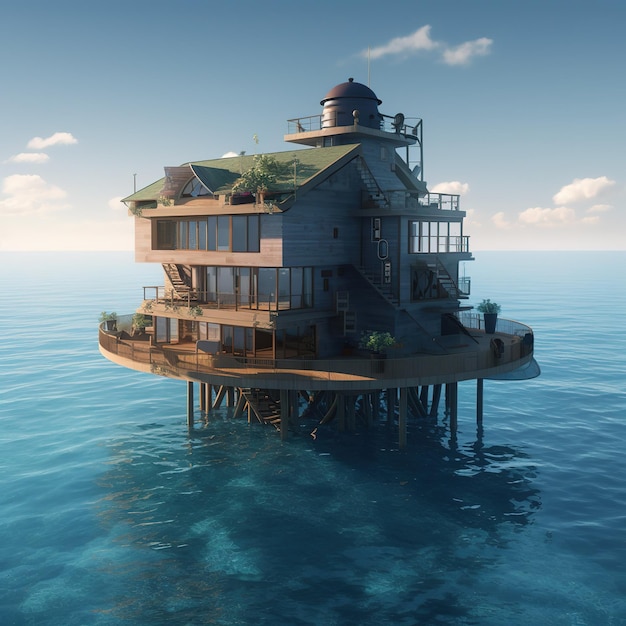 A house on the water with a balcony and a house on the top.