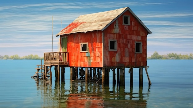 Дом на воде с золотым закатом для рыбацкой хижины Generative ai