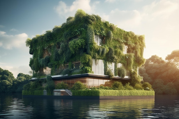 House on the water with green plant 3d render illustration