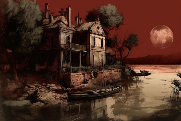 A house on the water with a moon on the top