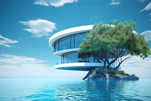 A house on the water with a tree on the top with beach background