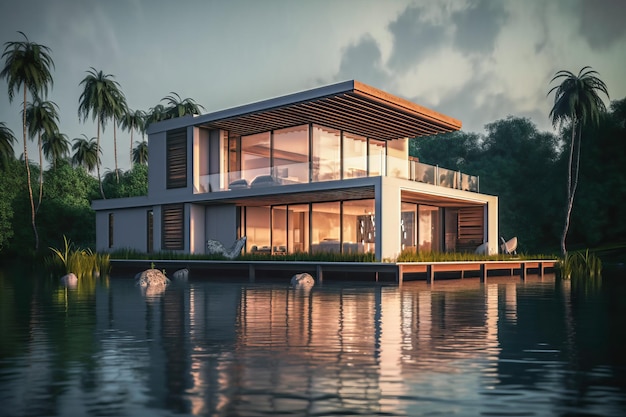 A house on the water with a view of the lake and the sun setting