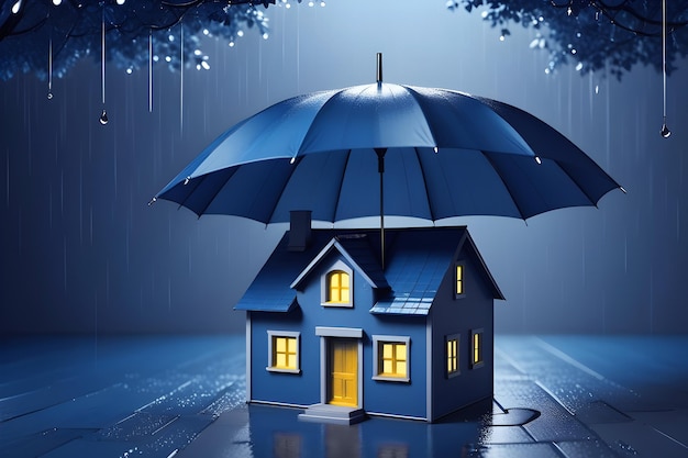 マイナミズムな深青の背景に傘の下の深青の家