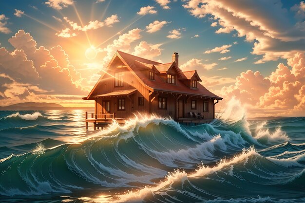 House on the waves of the ocean