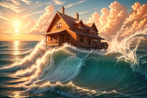 House on the waves of the ocean