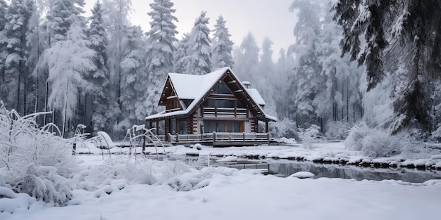 겨울 숲에 있는 집