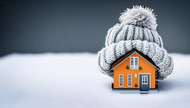 House in winter heating system concept and cold snowy weather with model of a house wearing