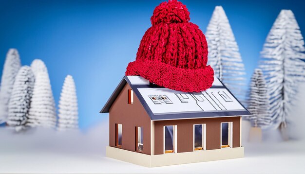 House in winter heating system concept and cold snowy weather with model of a house wearing