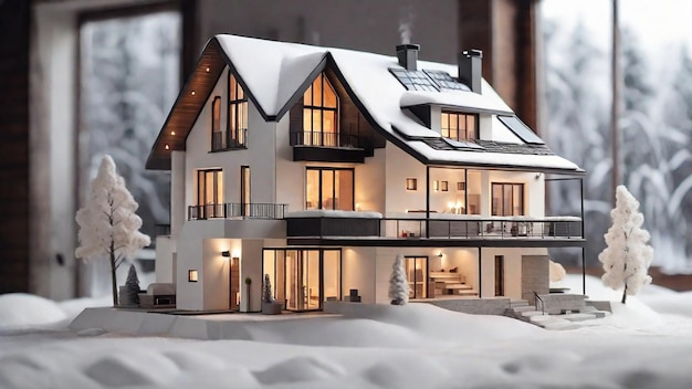 집의 모델과 함께 겨울 난방 시스템 개념과 추운 눈이 오는 날씨의 집