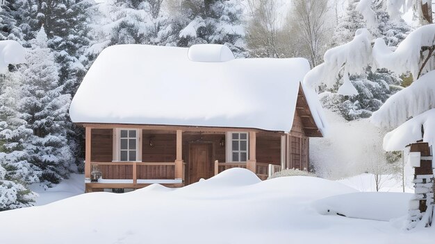 house in winter with roof covered with snow