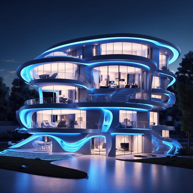 Photo a house with advanced technologically advanced future design there are neon blue lights around