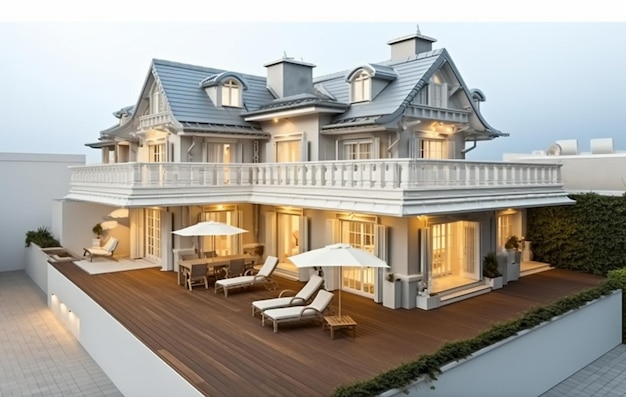 A house with a balcony and a balcony with lounge chairs.