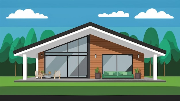 a house with a balcony and a garden with a house on the front