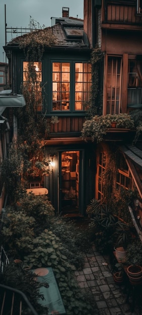 A house with a balcony and a lamp on the balcony