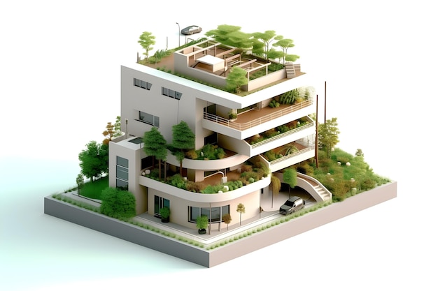 A house with a balcony and trees on the roof