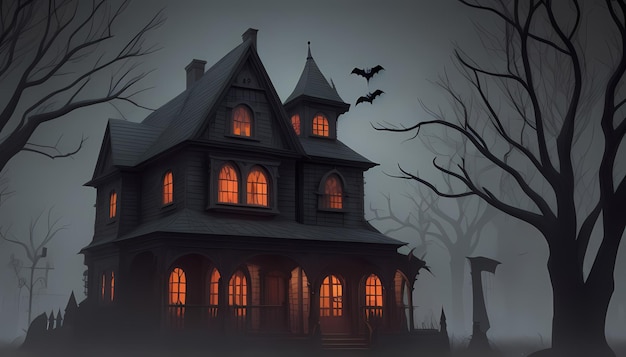 a house with bats flying in the dark