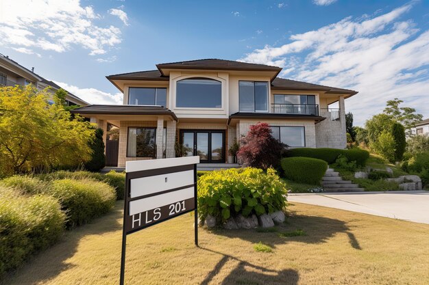 House with a beautiful landscaped garden and a sign for a home Real estate home for sale sign hanging in front of the house AI Generated