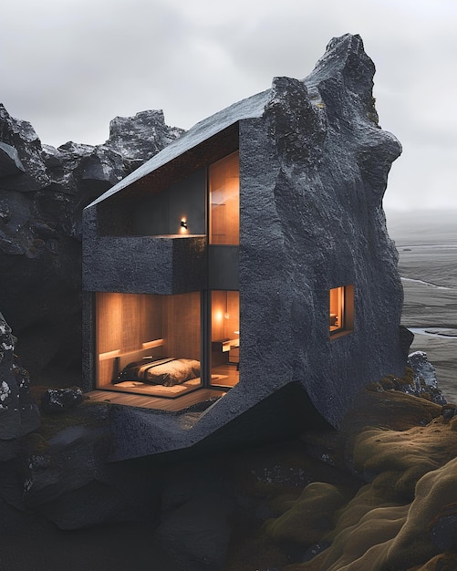 a house with a bed on the side and a large black rock in the middle