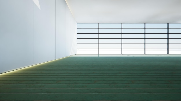 Дом с большим стеклянным окном и деревянным полом 3d-рендеринга