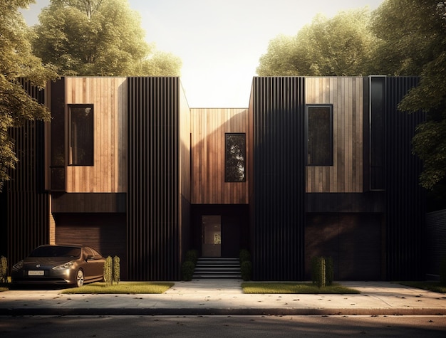 a house with a black car parked in front of it