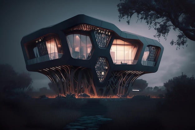 David Rockwell AI가 생성한 Neo-Futuristic House의 상단에 검은색 지붕과 조명이 있는 집